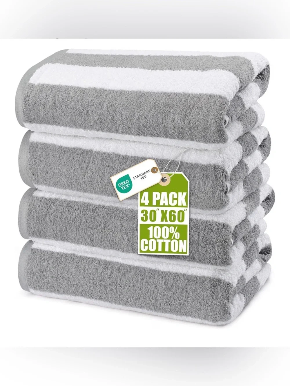 New Utopia Towels Cabana Beach Towels, 4 Pack, 30x60 in, Cotton, Striped, Grey